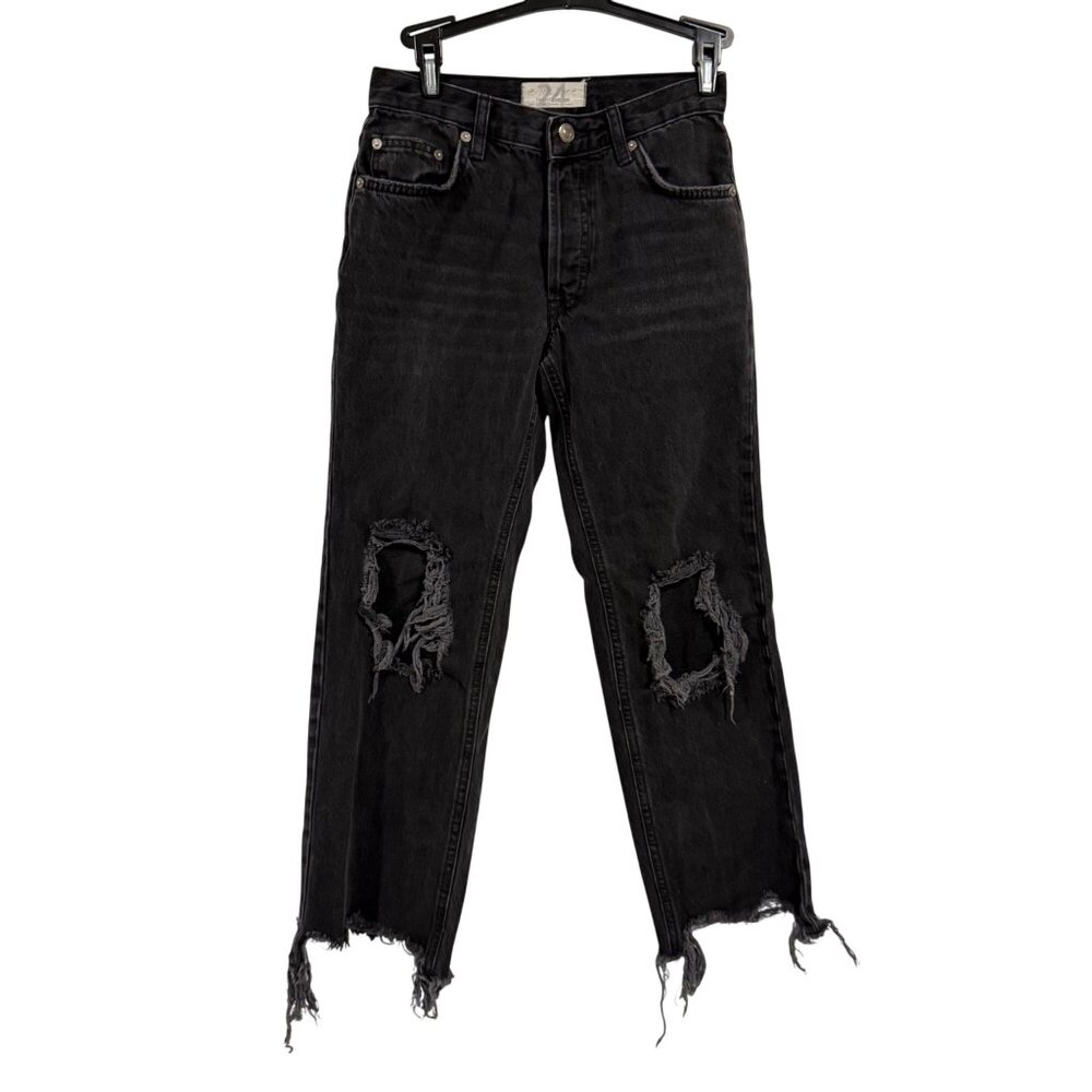 Free People We the Free Maggie Mid-Rise Straight Leg Distressed Black Jeans Size